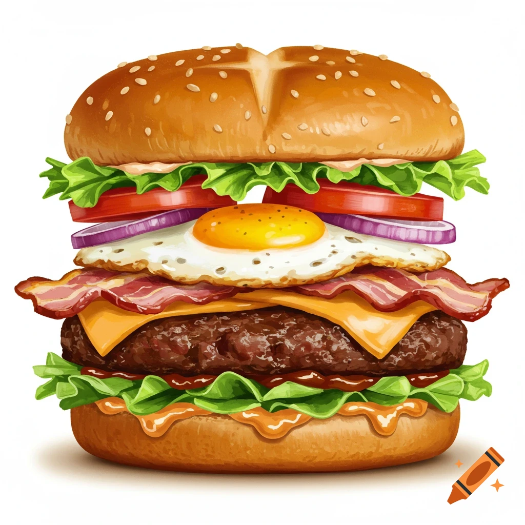 A towering hamburger with lettuce, tomato, onion, egg, bacon, cheese, and sauce.