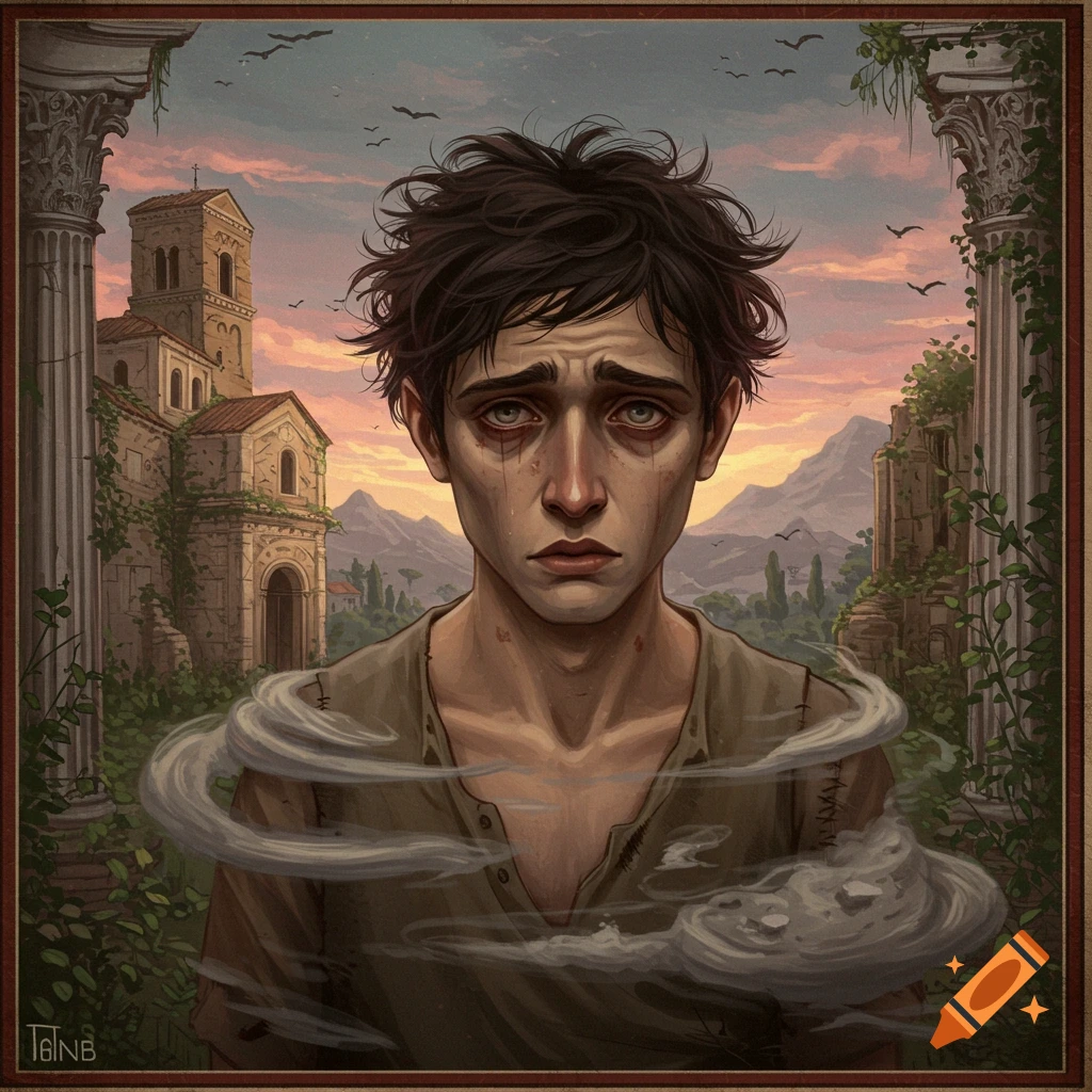 Sad young man amidst ancient ruins at sunset, with smoke around him. Painterly style.