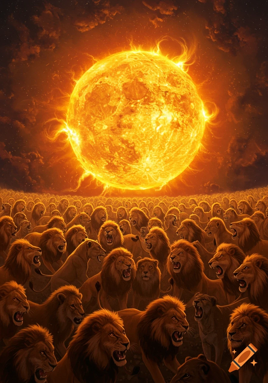 A vast crowd of roaring lions looks up at a giant, fiery sun in an epic, cloudy sky.