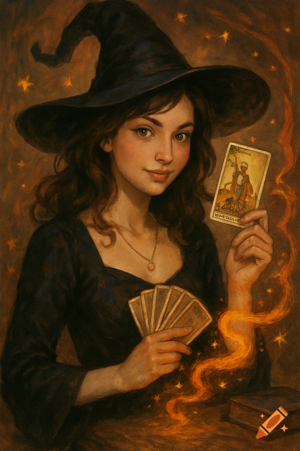 Painterly portrait of a witch holding tarot cards