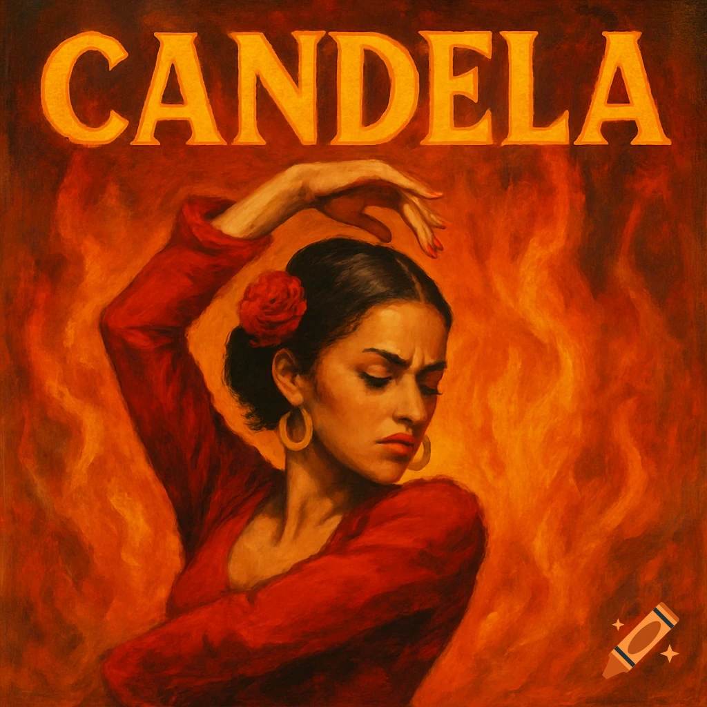 Painterly image of a woman in red dancing flamenco with the word CANDELA above, against a fiery background.