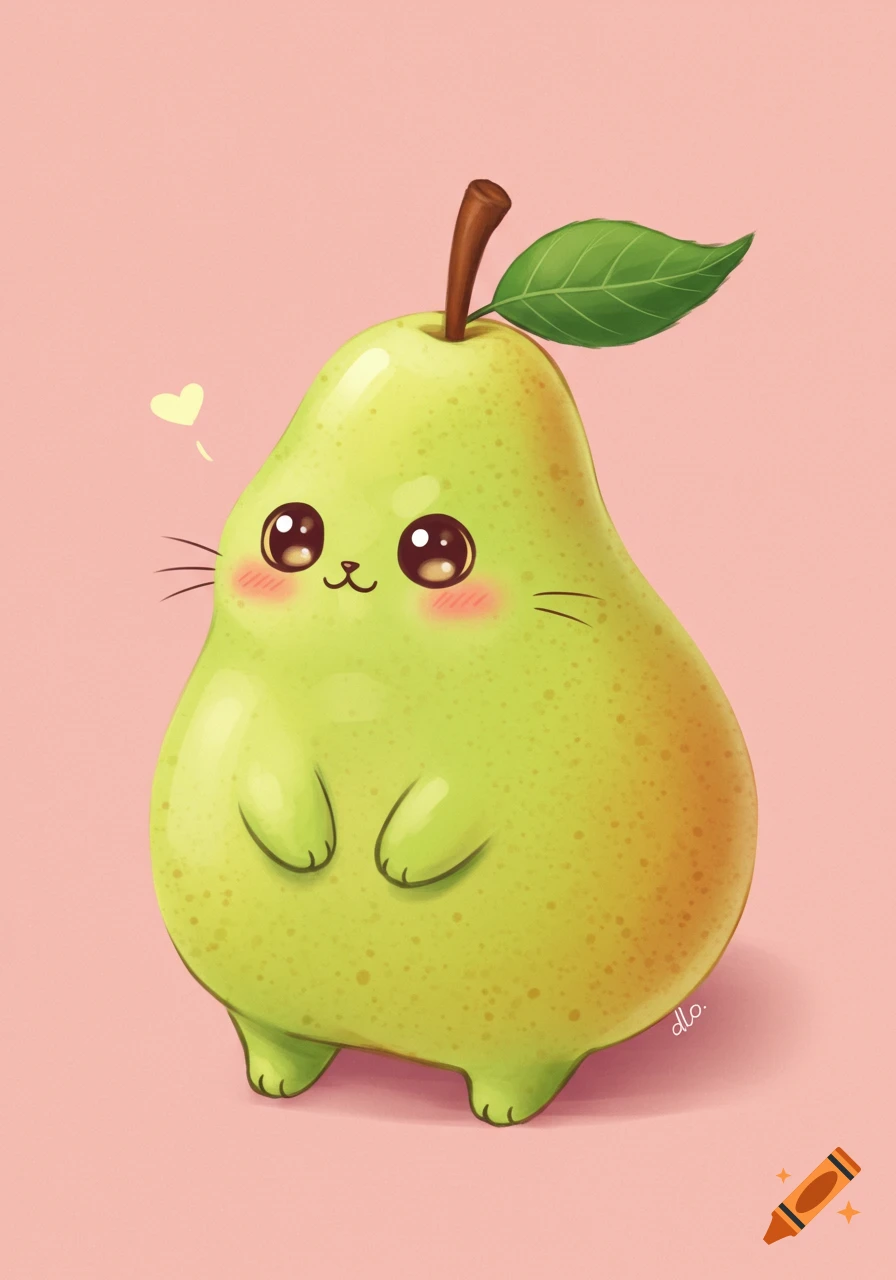 Cute cartoon pear character with cat features on a pink background.