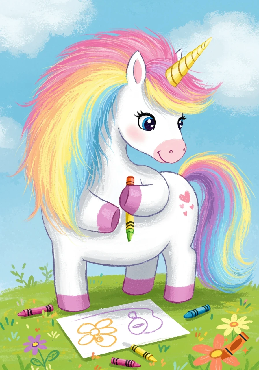 Cartoon unicorn drawing with crayons in a field