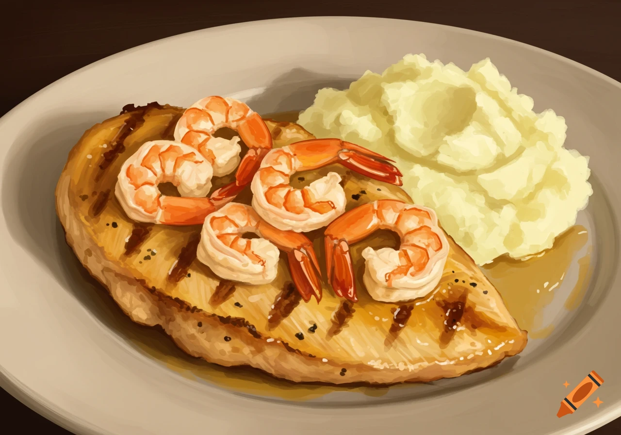 Painterly image of chicken breast with shrimp and mashed potatoes on a plate.