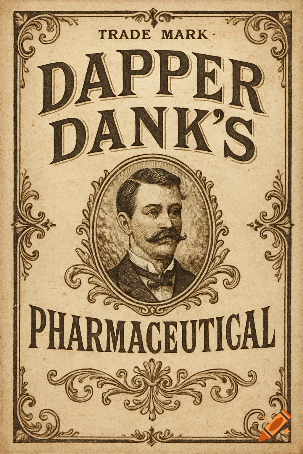 Vintage pharmaceutical label with a portrait of a man and text.