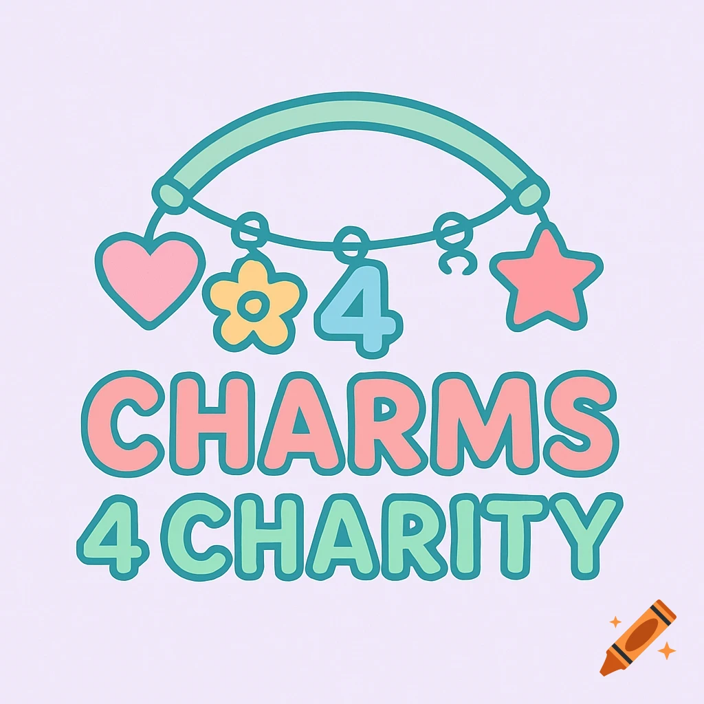 Logo with hanging charms and text CHARMS 4 CHARITY.