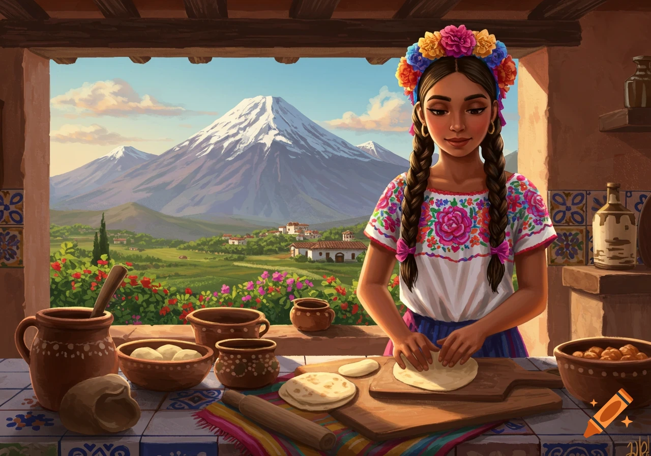 Traditional Mexican woman making tortillas in a kitchen overlooking a snowy mountain landscape, digital painting.