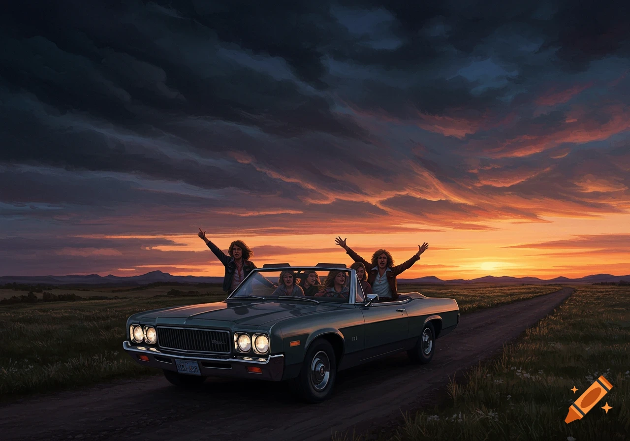 People wave from a vintage convertible driving on a dirt road at sunset with dramatic clouds.