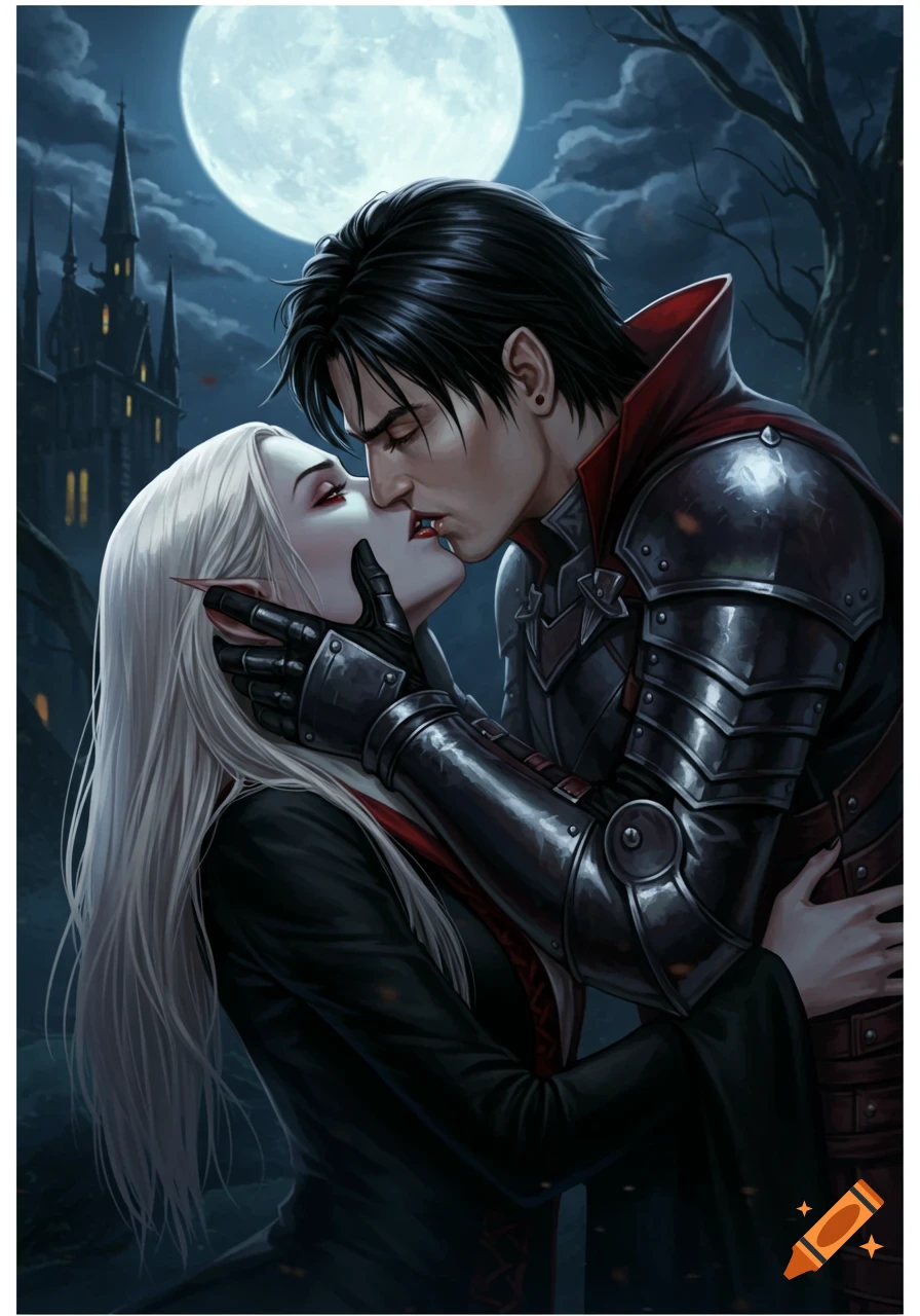 A vampire and vampire slayer share a passionate kiss under a full moon in a gothic setting.