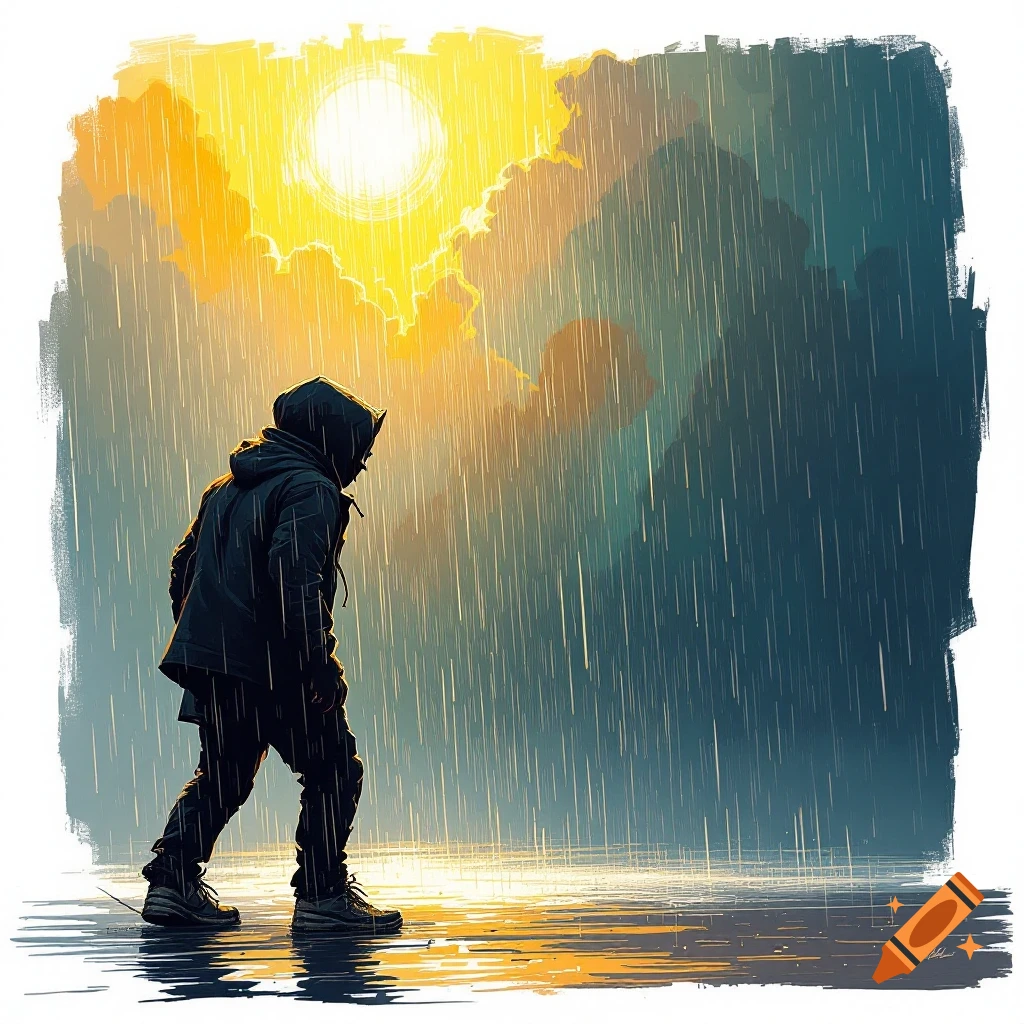 A lone hooded figure walks through heavy rain under a bright sun in a dramatic, illustrative style.