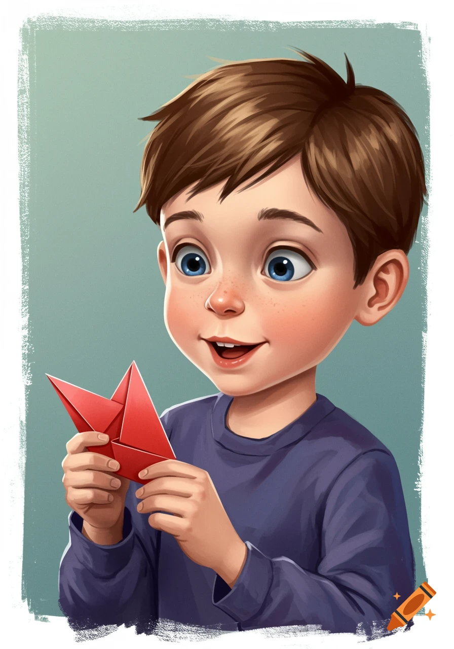 An illustration of a young boy smiling as he holds up a red origami paper.