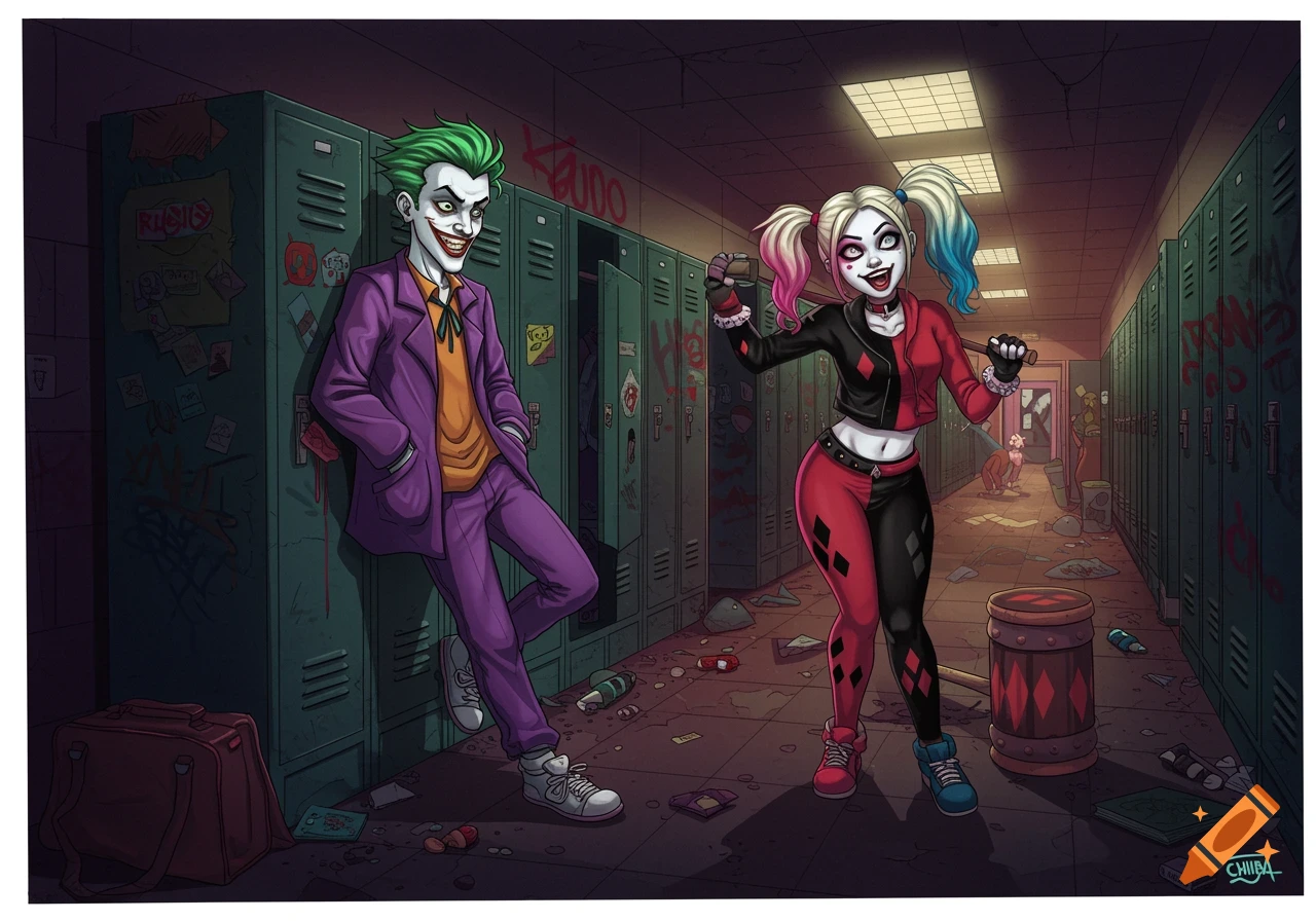 Illustration of teenage Joker and Harley Quinn in a messy school hallway.