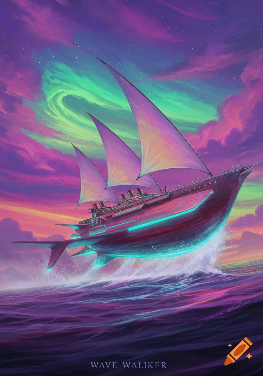 A fantastical ship with large sails flying over a vibrant purple and blue sea under a colorful sky.