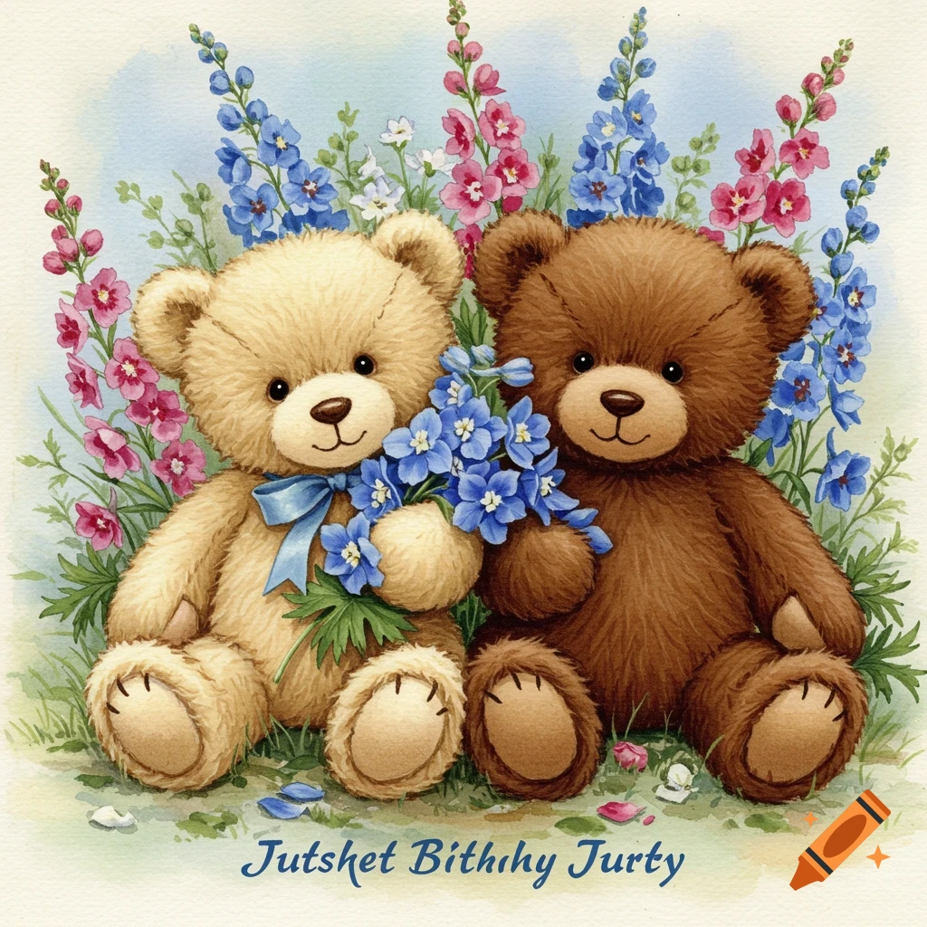 Watercolor illustration of two teddy bears sitting among pink and blue flowers.