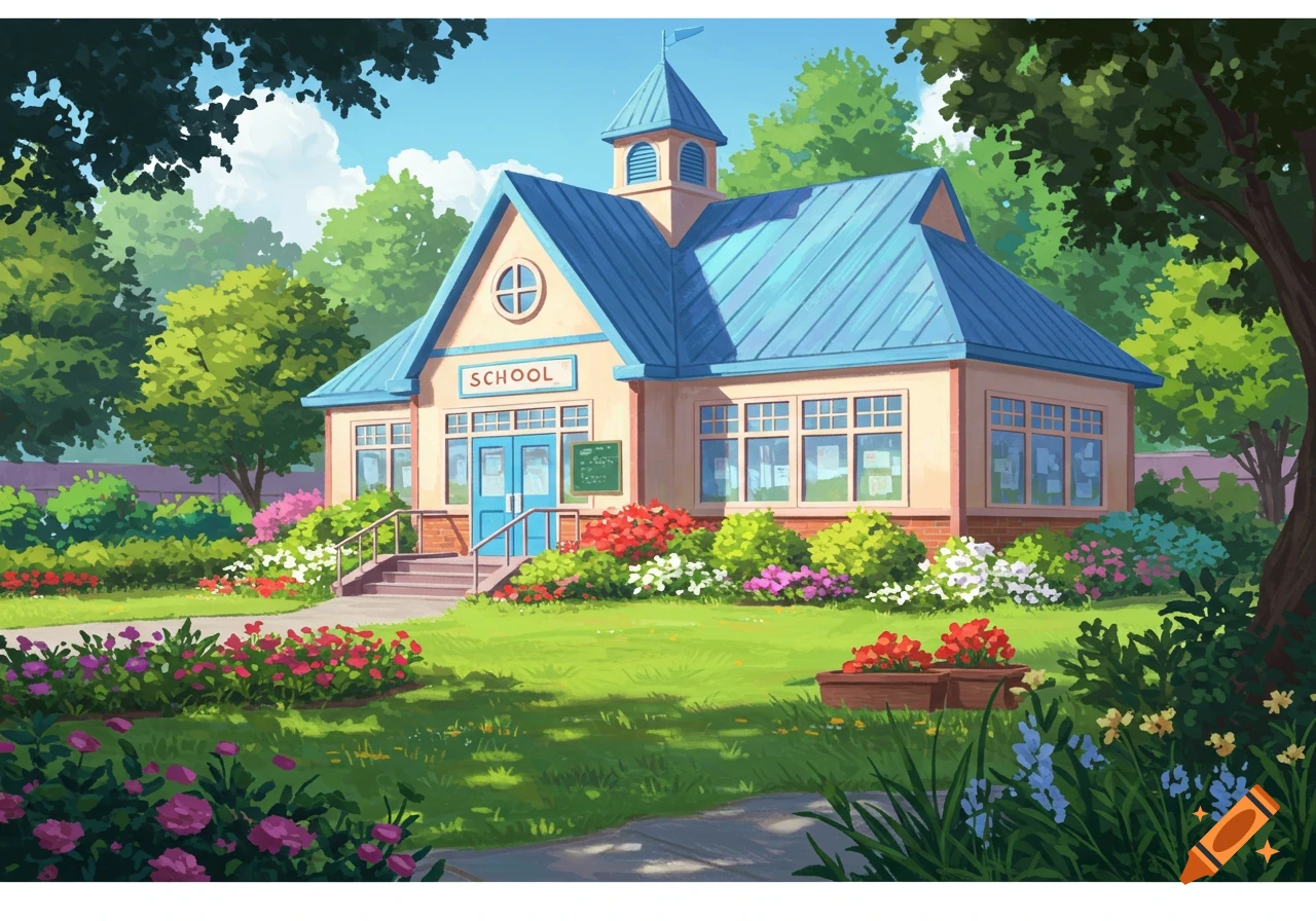 Illustration of a school building with a blue roof surrounded by flowers and gardens.