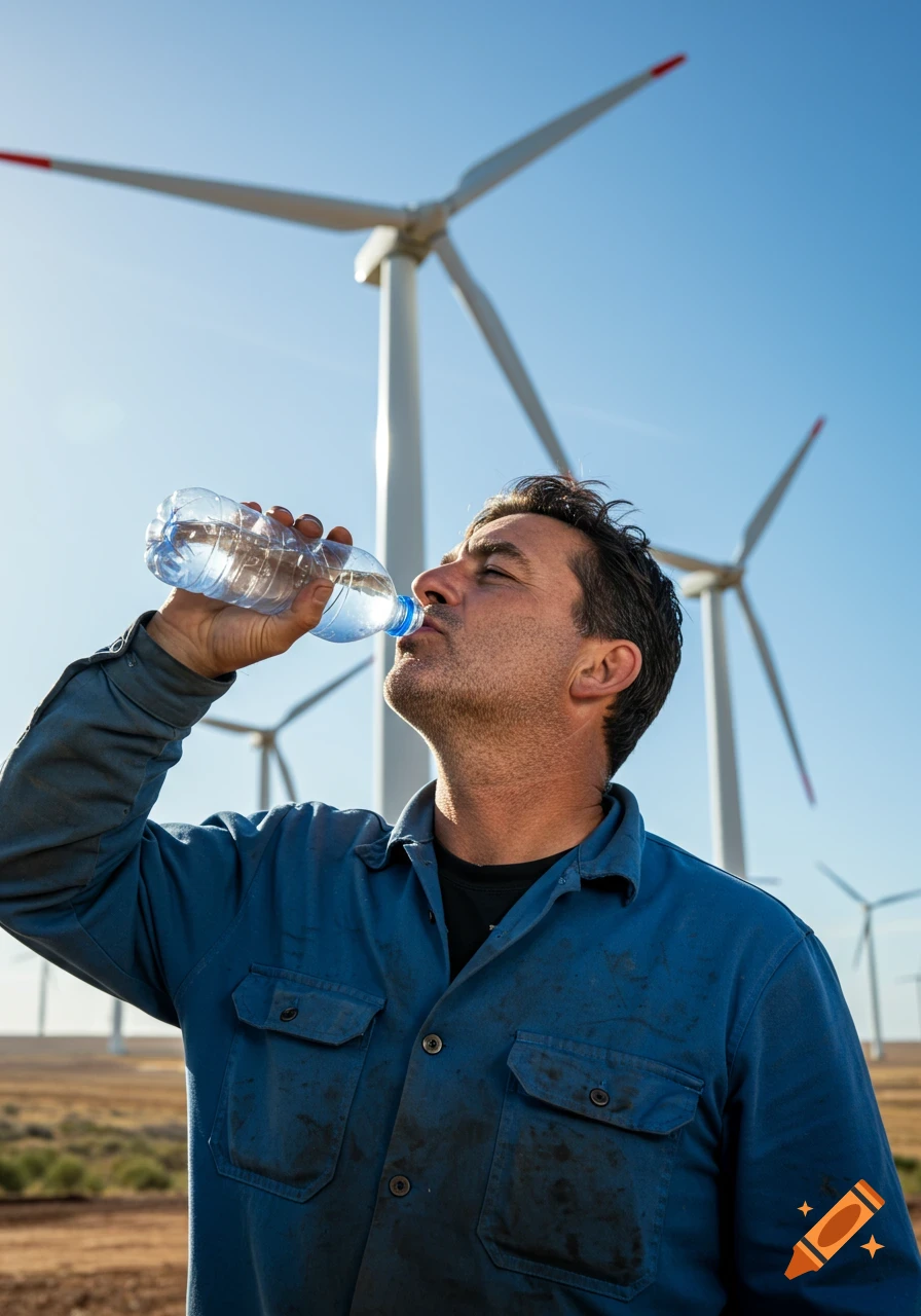 Photorealistic portrait of a wind technician drinking water under wind turbines.