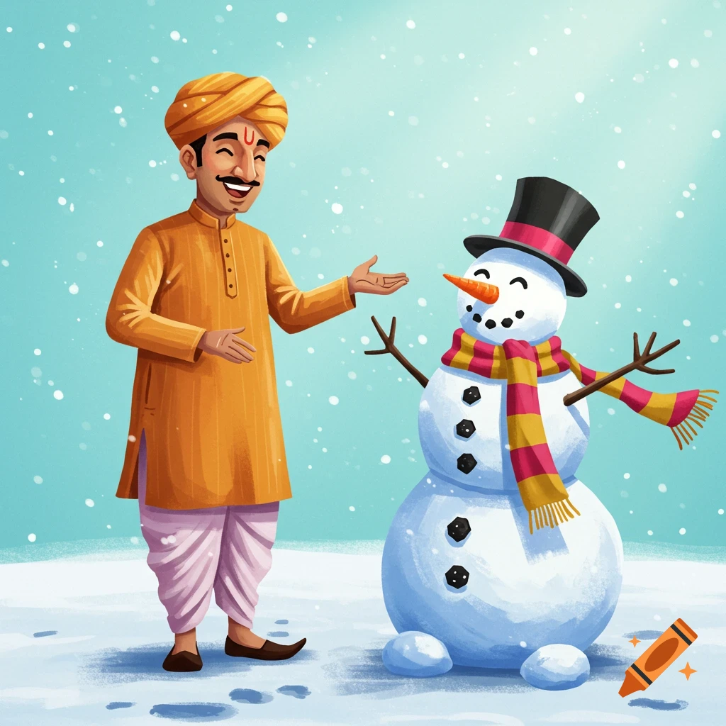 An illustration of a man in traditional Indian clothes standing next to a snowman in the snow.