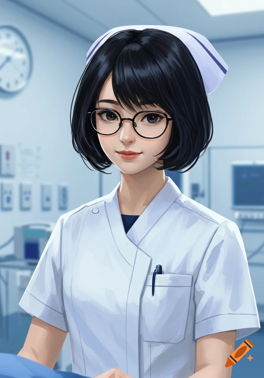 Illustration of a nurse with short black hair and glasses