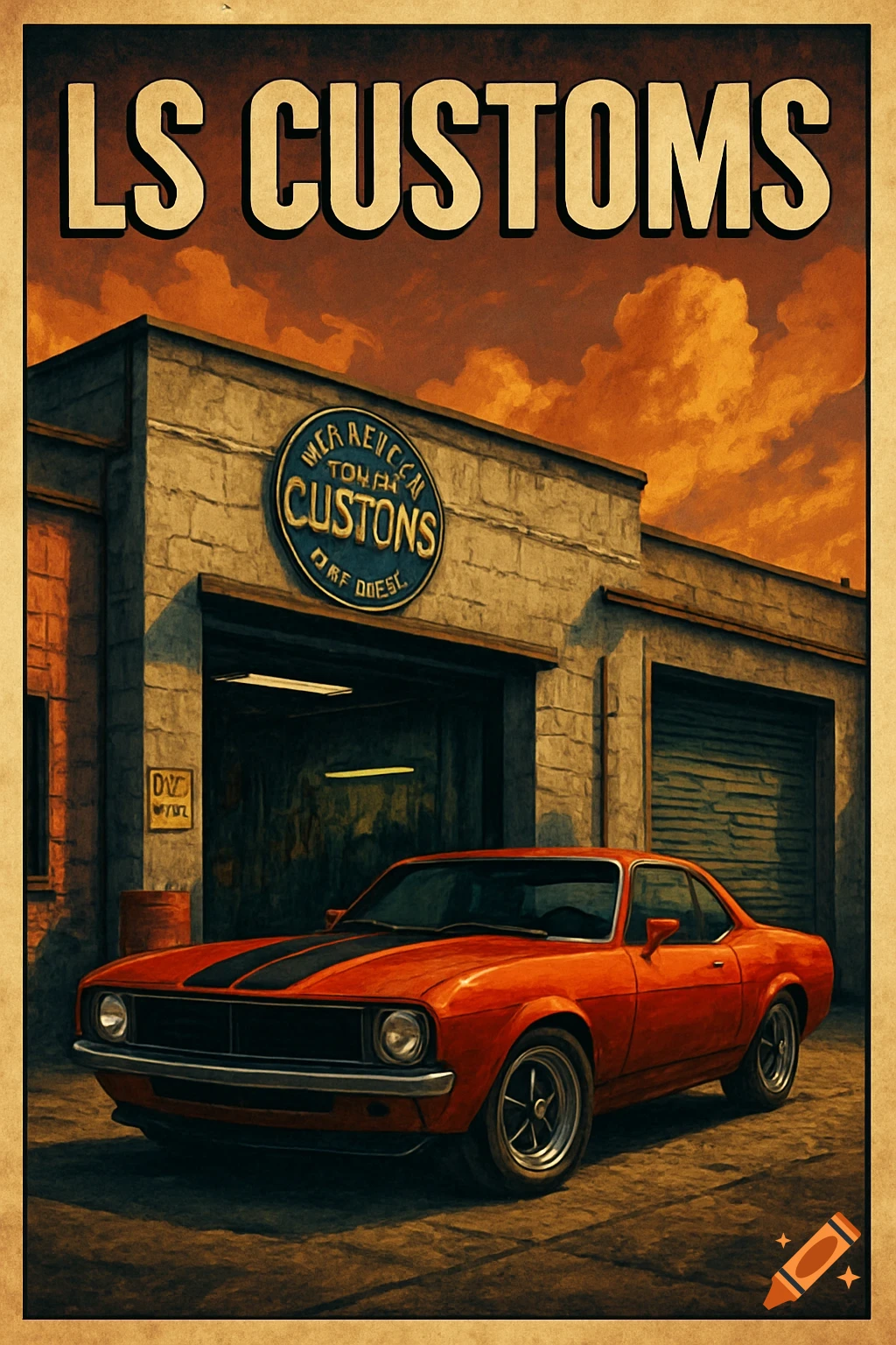 A vintage style poster shows an orange muscle car parked outside a garage with the text 'LS CUSTOMS' at the top.