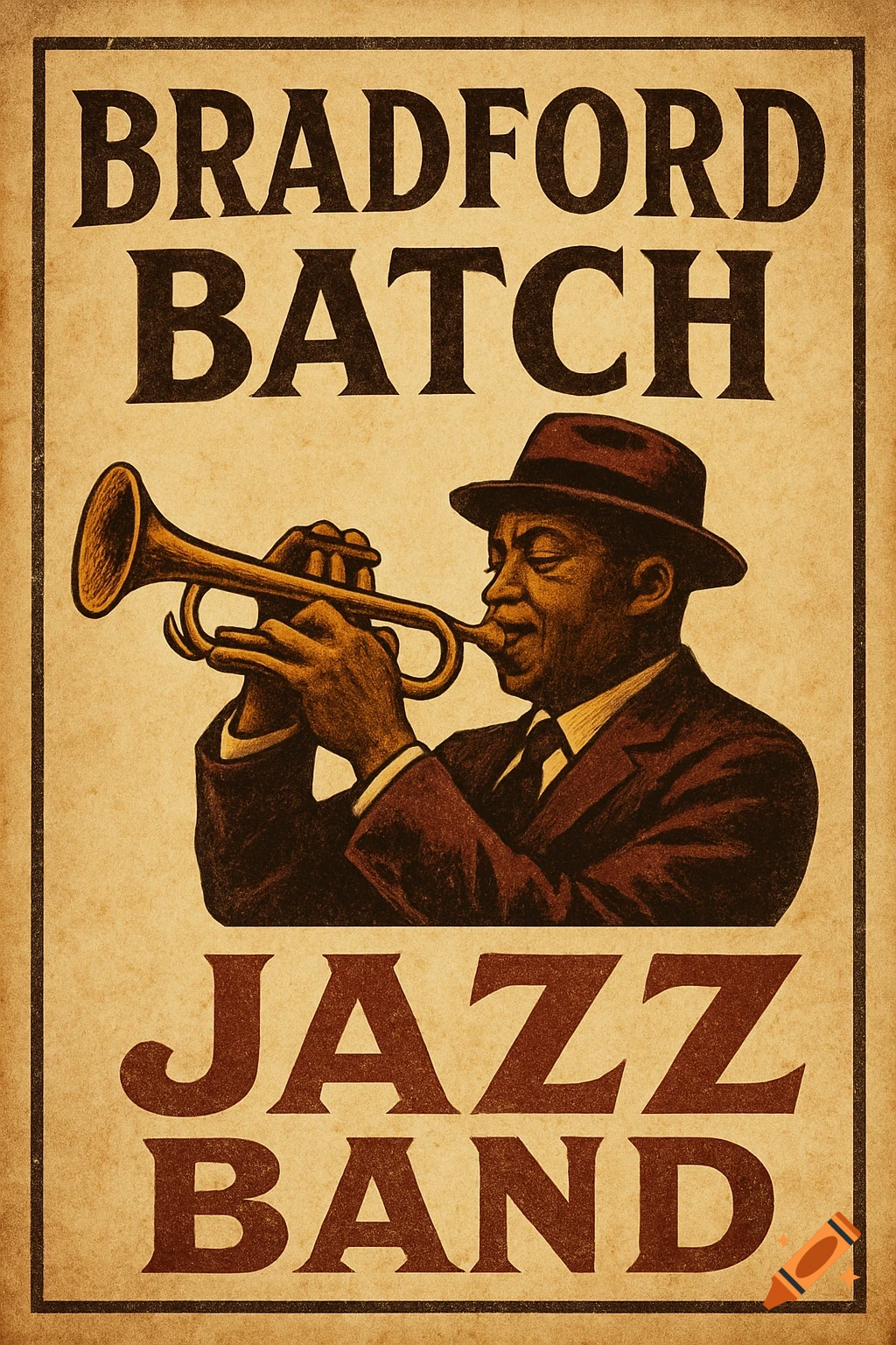 Vintage style poster of a jazz musician playing a trumpet with text Bradford Batch Jazz Band.