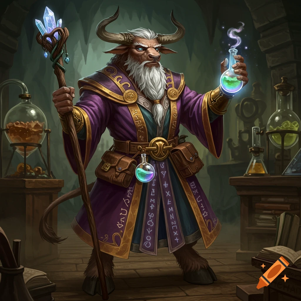 Fantasy illustration of a minotaur alchemist holding a glowing potion in a lab setting.