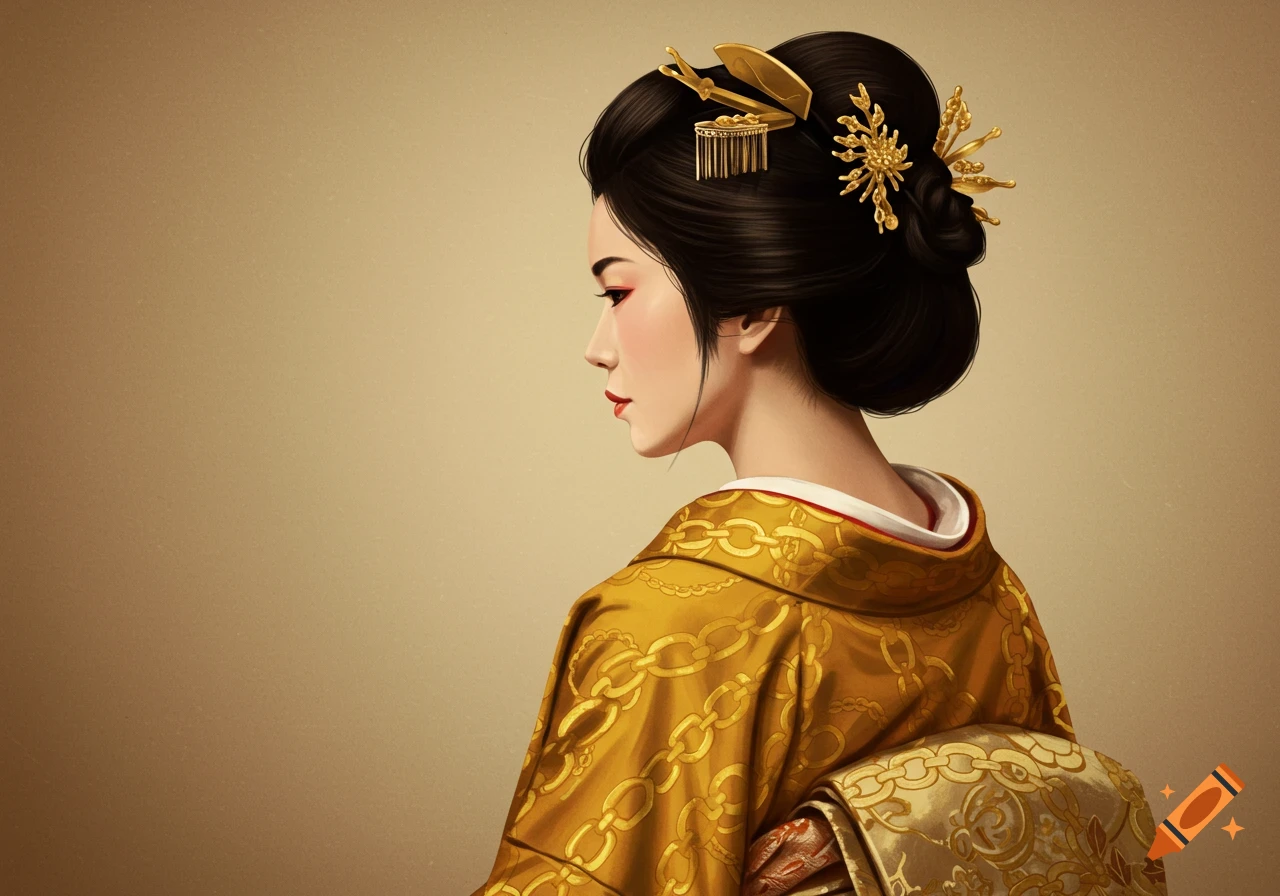 Portrait of a woman in traditional Japanese attire, wearing a golden kimono with a chain pattern and golden hair accessories.
