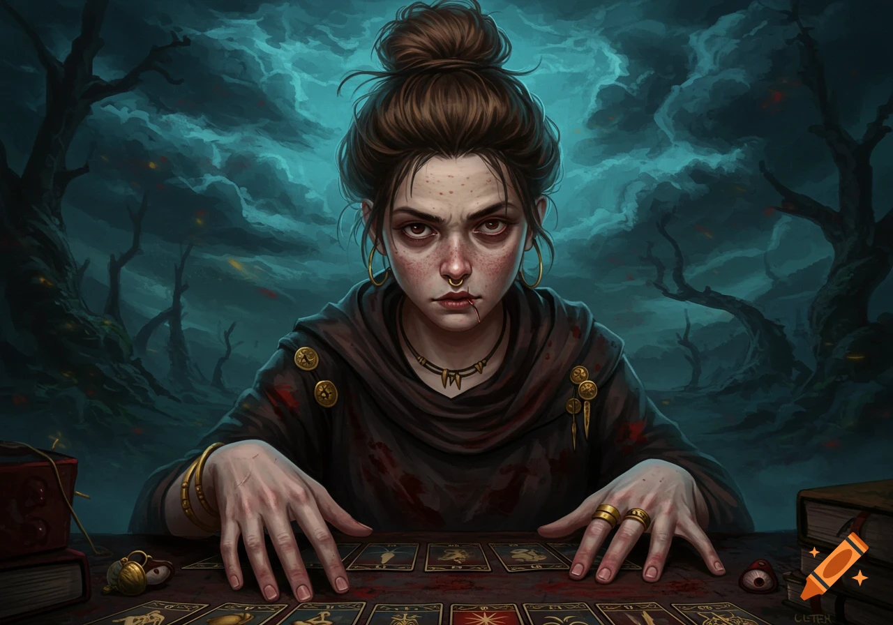 Woman reading tarot cards in a spooky, dark forest scene.