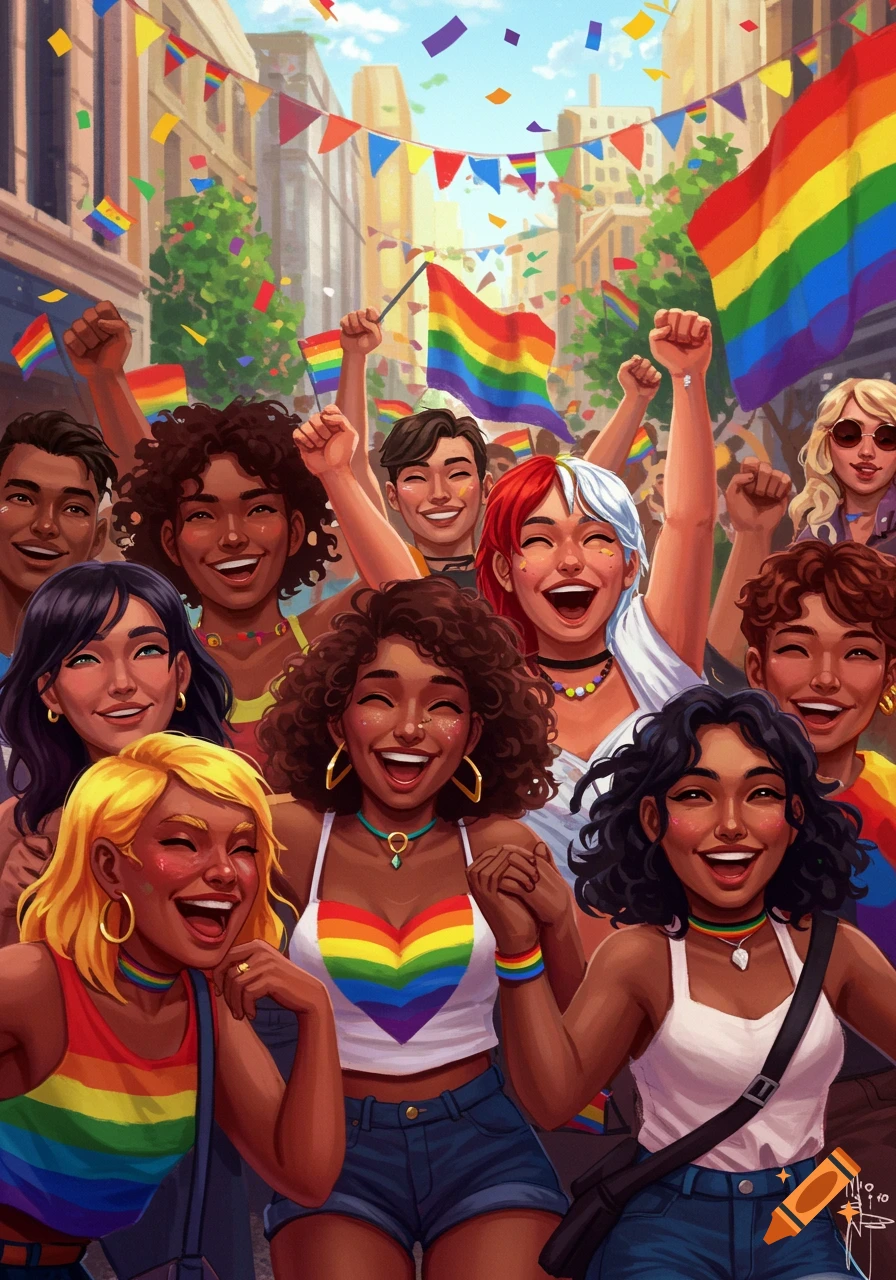 Diverse group of happy people at a Pride parade with rainbow flags and confetti.