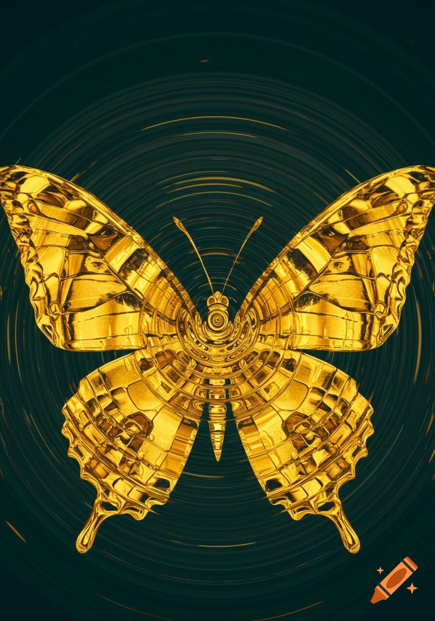 A golden metallic butterfly with a rippling background.