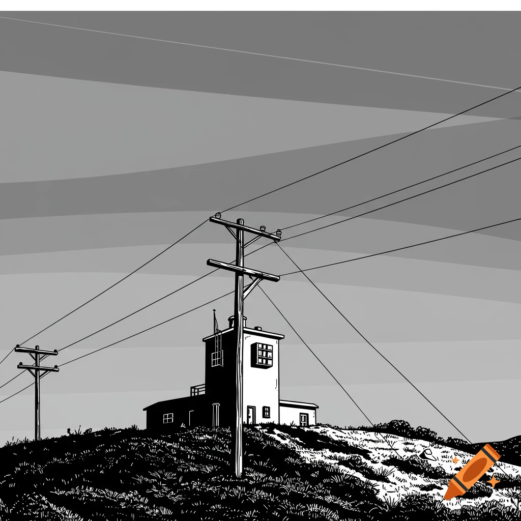 Black and white vector illustration of a building and power lines on a hill.