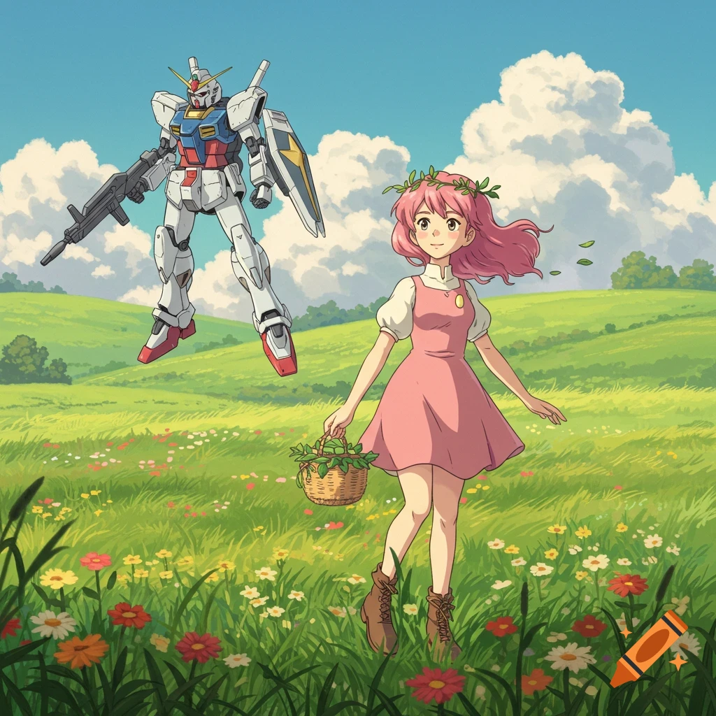 Anime girl with pink hair and a giant white robot stand in a sunny meadow in Studio Ghibli style.