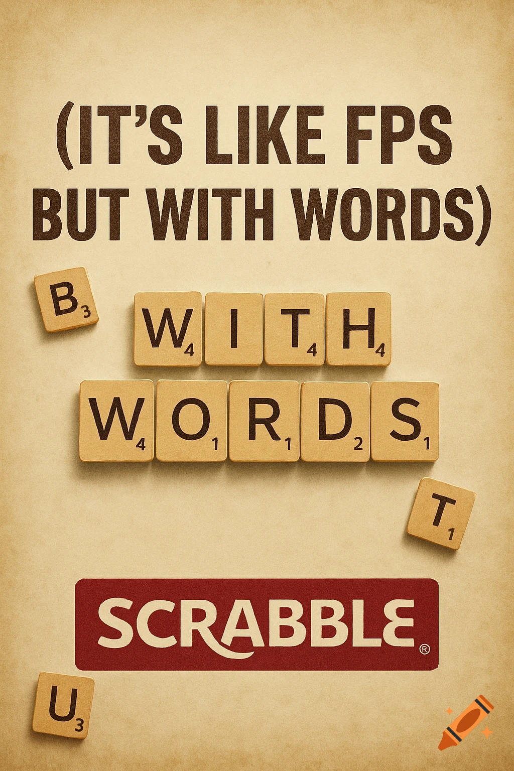 Text reads '(IT'S LIKE FPS BUT WITH WORDS)' above Scrabble tiles spelling 'WITH WORDS' and the Scrabble logo on a textured background.