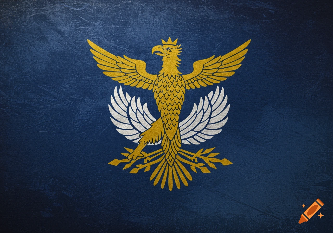 Flag with a golden eagle emblem on a blue background