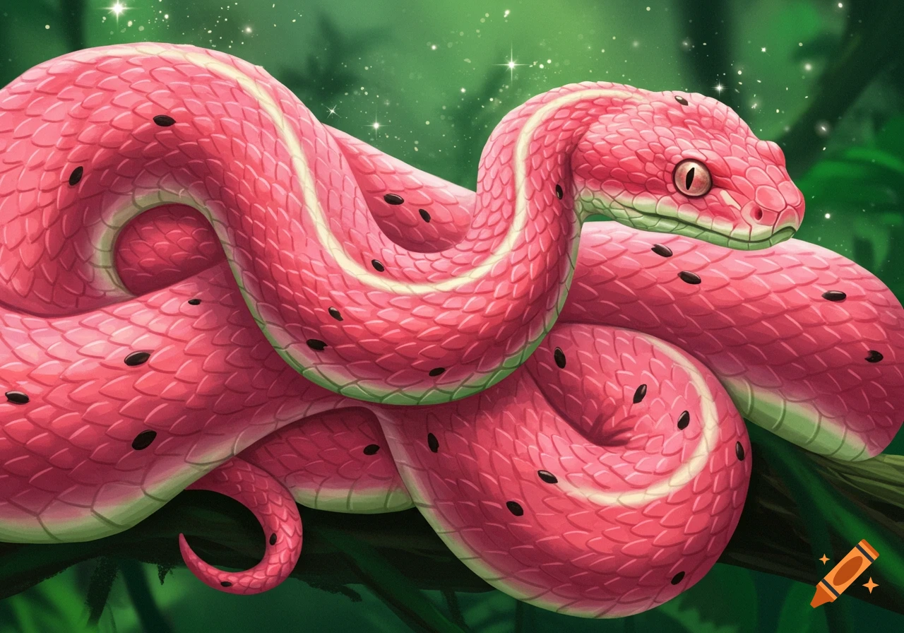 An illustration of a watermelon snake coiled on a branch in a jungle setting.