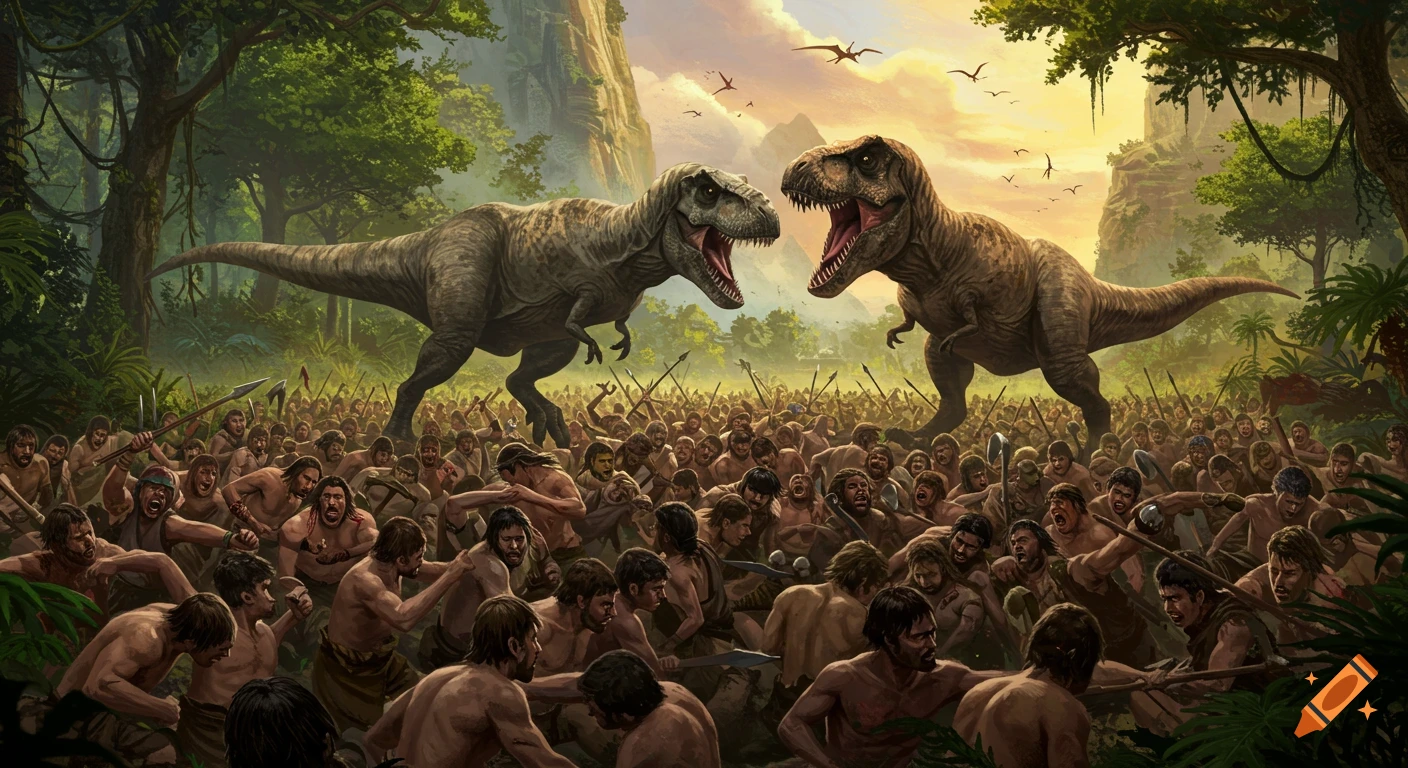 Two Tyrannosaurus Rex dinosaurs face off against a massive army of prehistoric men in a jungle valley at sunset.
