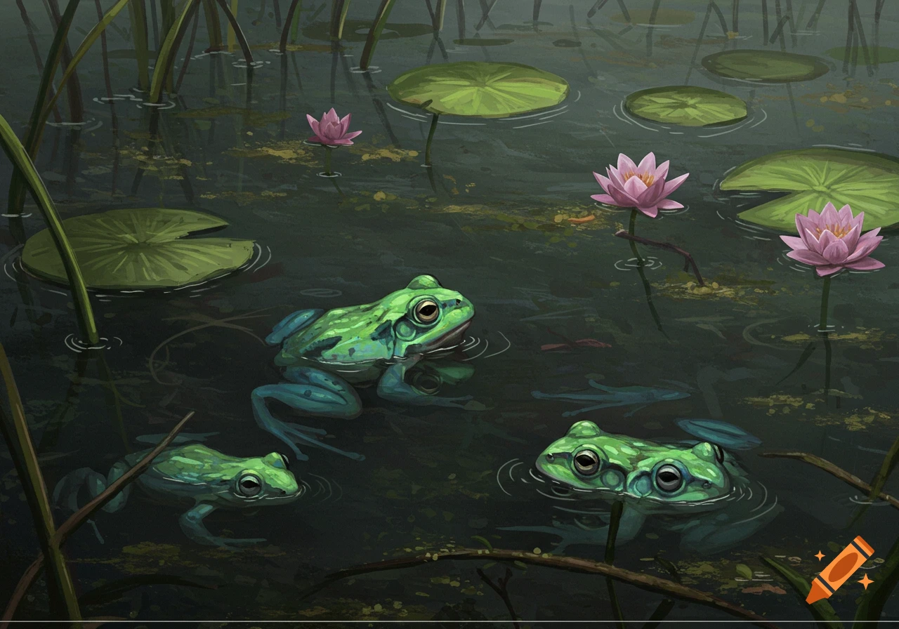 Digital painting of three green and blue frogs swimming in a pond with lily pads and pink water lilies.