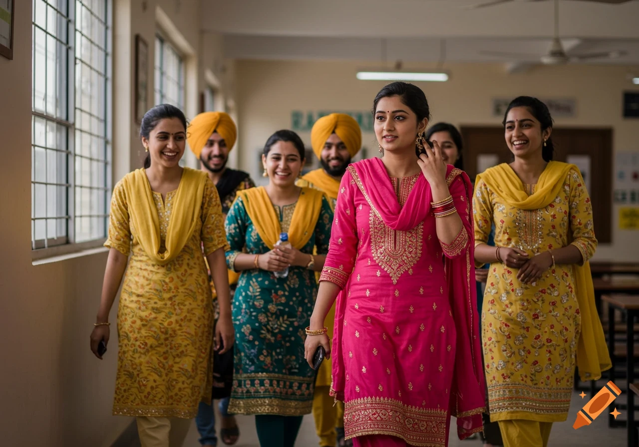 A group of people, some wearing turbans and traditional clothing, walk down a school hallway.
