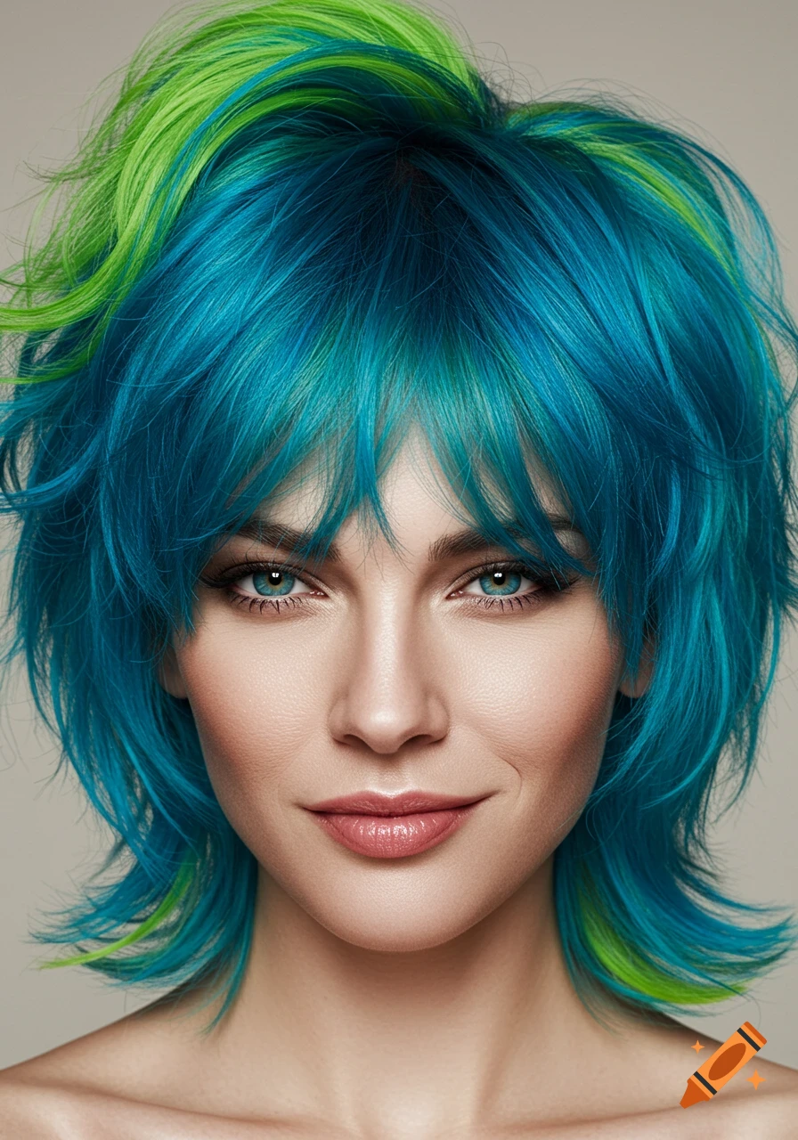 Close-up portrait of a woman with vibrant blue and lime green shaggy hairstyle