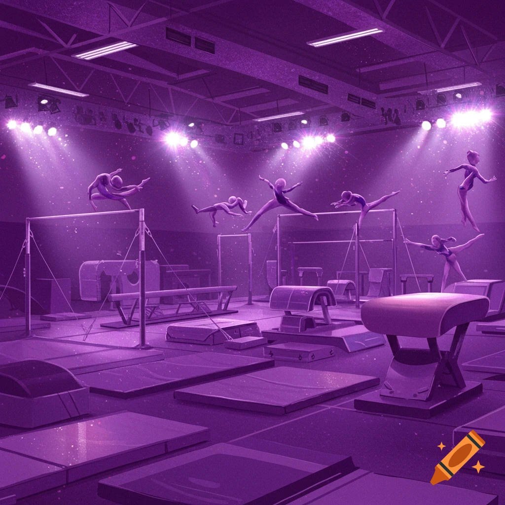 A purple-toned illustration of a gymnastics gym with multiple figures performing on bars and vault.