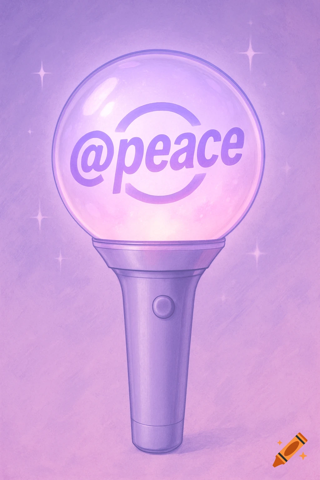 Illustration of a purple kpop light stick with '@peace' inside a clear globe, against a purple and pink sparkly background.