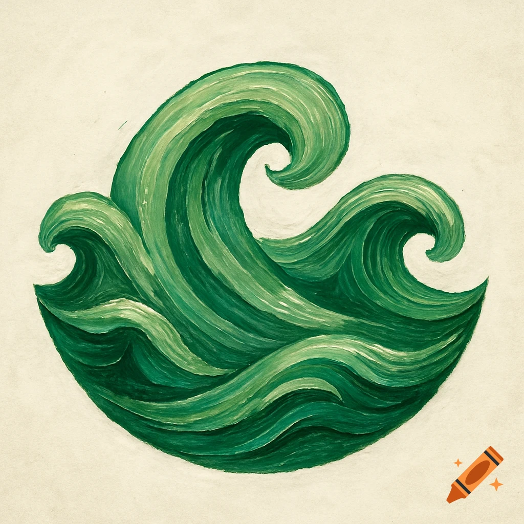 Green stylized waves in a circular logo shape, painted texture
