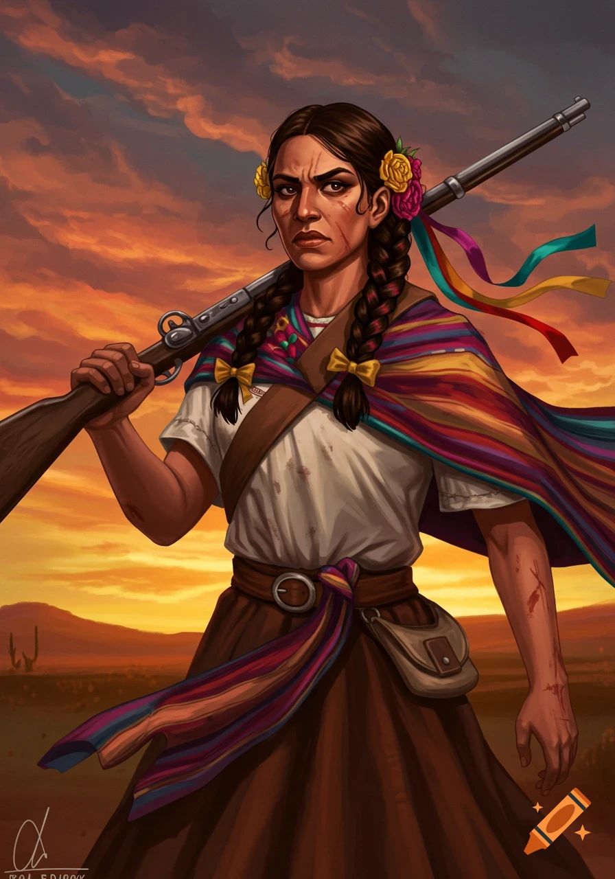 Illustration of a woman with braided hair and traditional clothes holding a rifle, in a desert sunset.