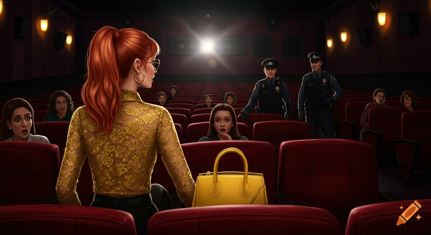 People in a movie theater are surprised as police approach.