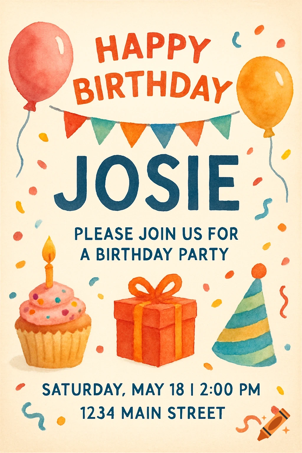 Watercolor birthday invitation with balloons, cupcake, gift, hat, confetti, and text HAPPY BIRTHDAY JOSIE.