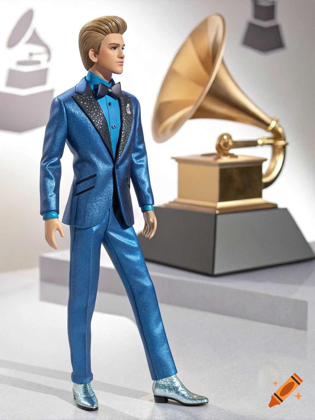 Ken doll in a sparkly blue suit and silver boots standing near a golden Grammy award.