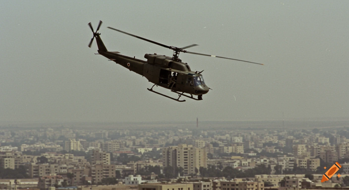 Military helicopter flying over a city.