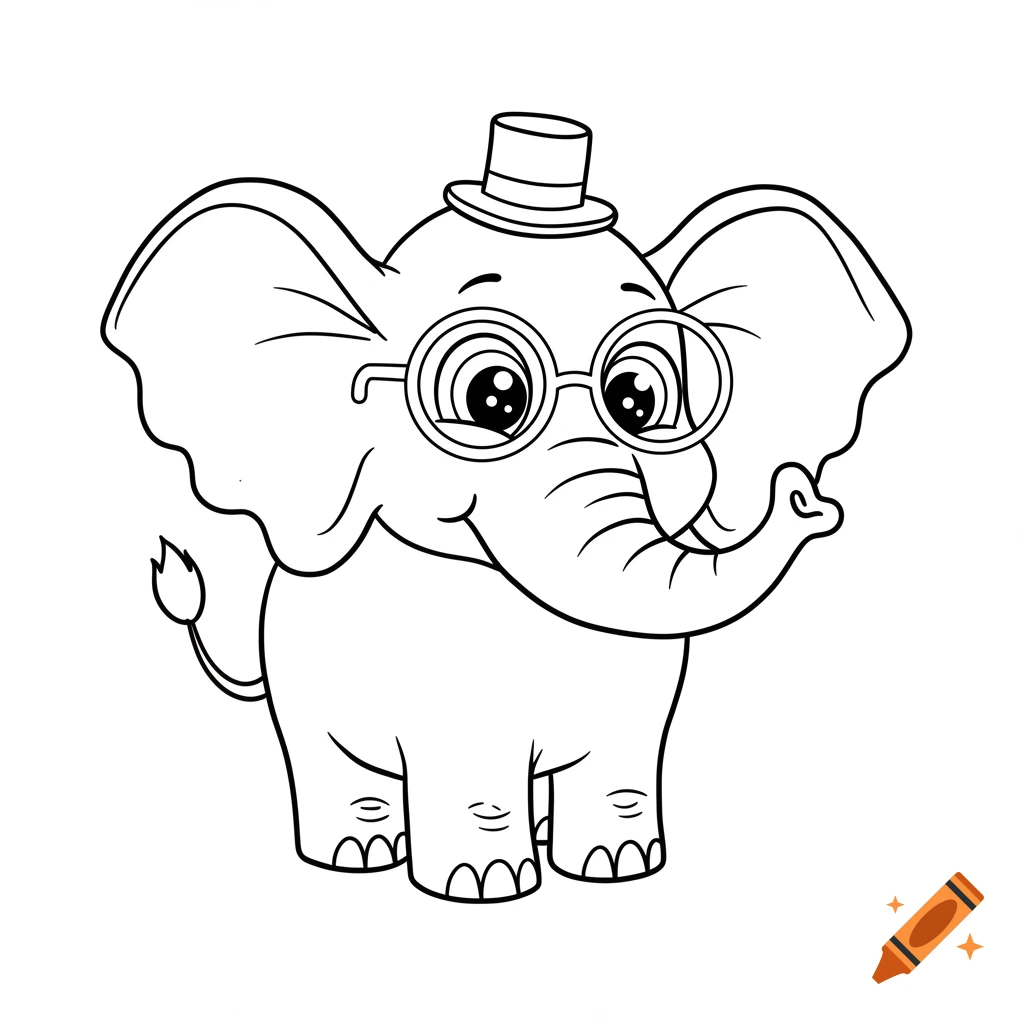 A line drawing of a cartoon elephant wearing large round glasses and a small top hat.