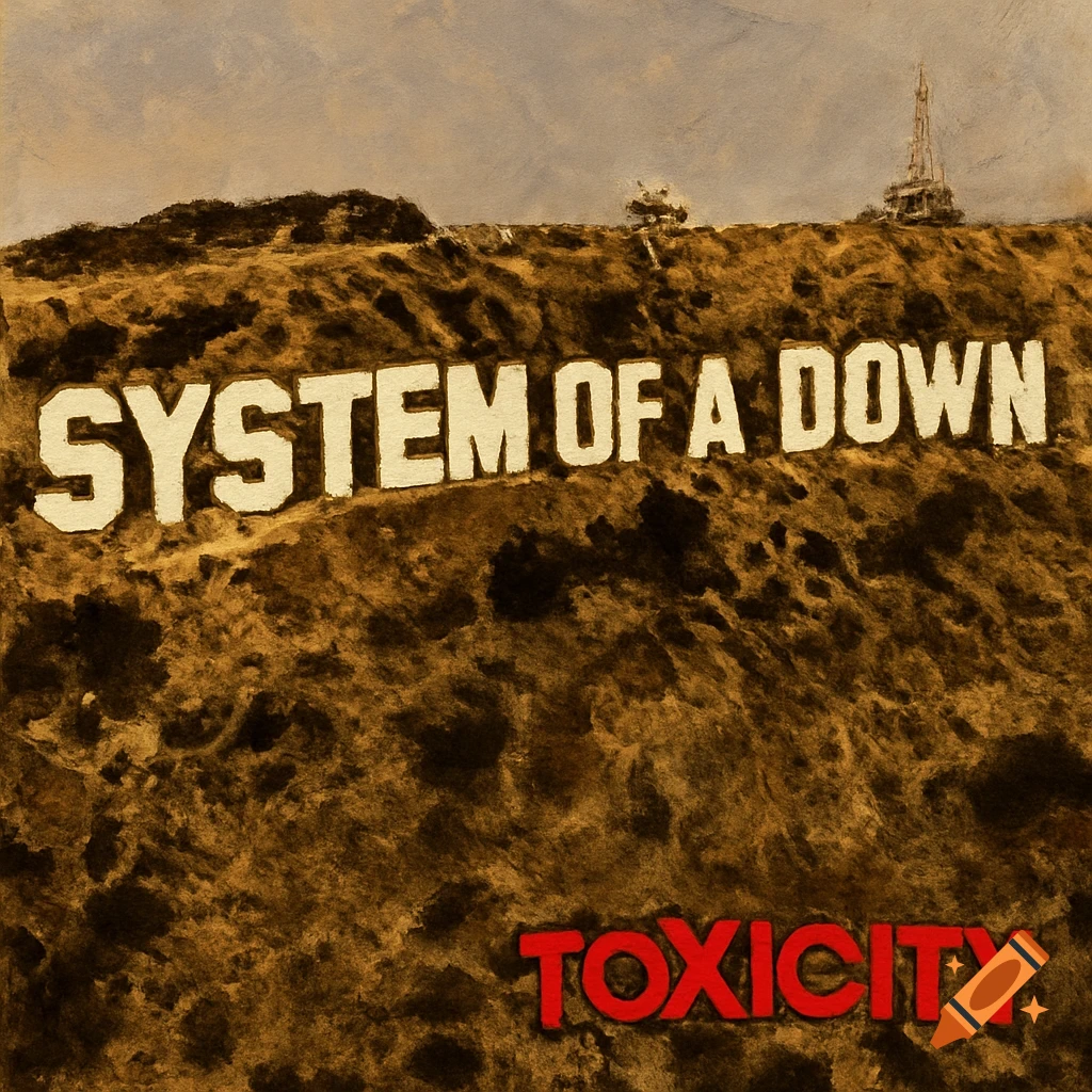 Painted text "System Of A Down" on a hill resembling the Hollywood sign, with "Toxicity" below, like the album cover.