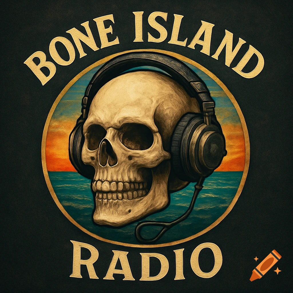 Logo with a skull wearing headphones, text 'Bone Island Radio', sunset and sea background