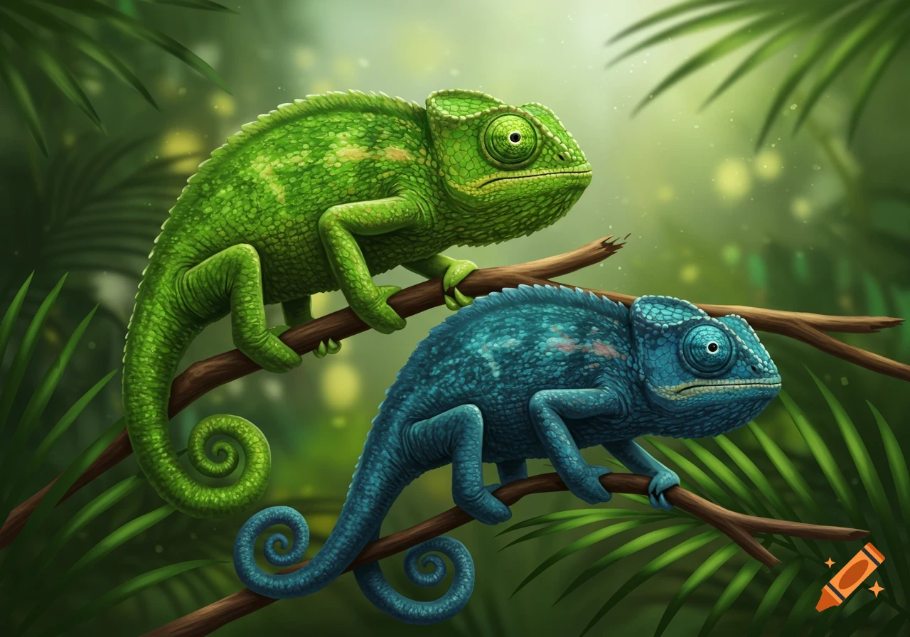 A green chameleon and a blue chameleon sit on branches in a forest, digital painting style.